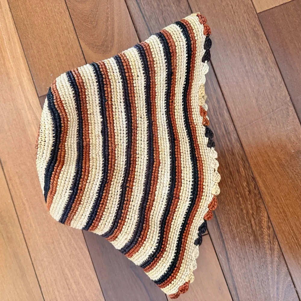 Doen Striped Crochet Sun Hat in Yellow, Brown, Black - Picture 3 of 6